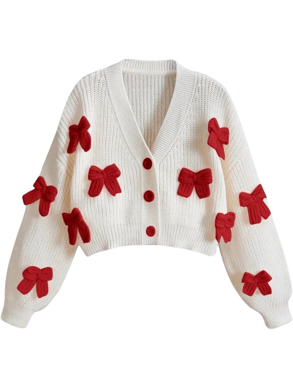 Amazon White Cropped Knit Cardigan with Red Bow Accents